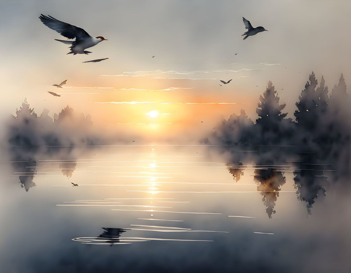 Tranquil sunrise scene: birds over misty lake, sun's glow on water, silhou