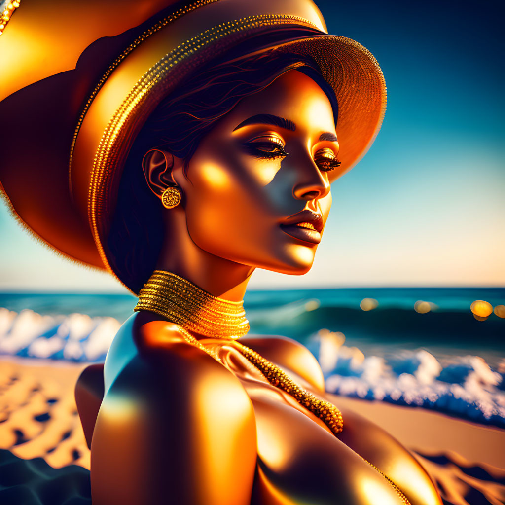 Digital portrait of woman in sunhat against sunset sky.