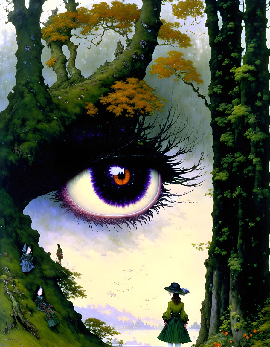 Surreal forest painting with giant eye, figure in green dress, and butterflies