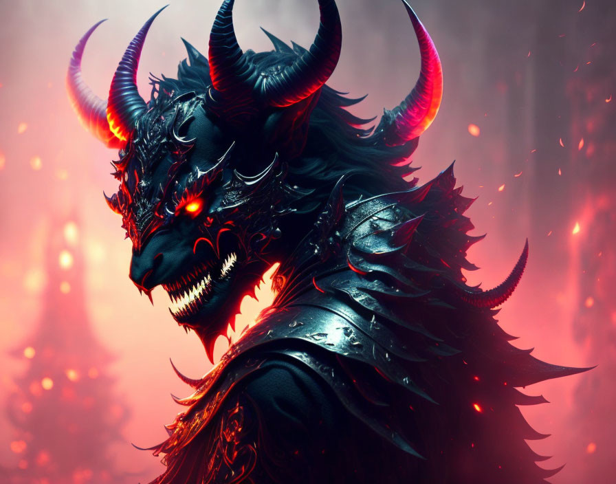 Sinister demonic figure in dark armor with glowing red eyes and horns against fiery background