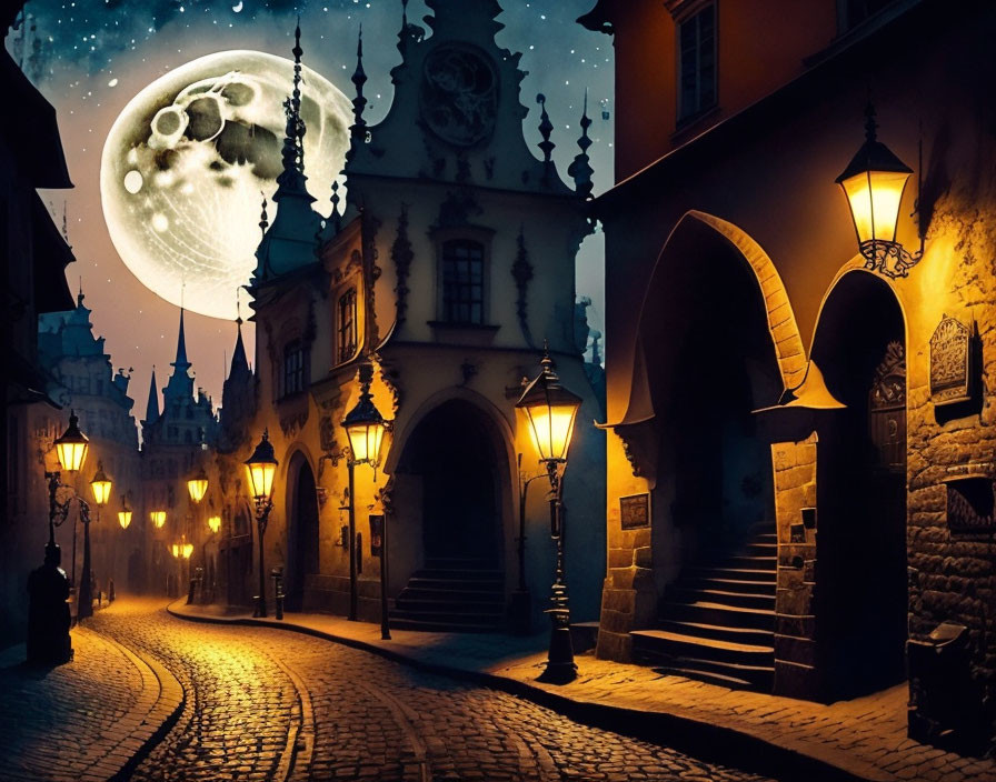 Enchanting moonlit cobblestone street with whimsical moon and glowing lampposts