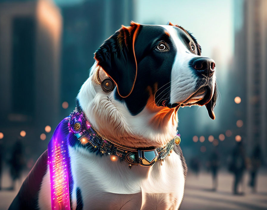 Colorful Cybernetic Dog Resting in Urban Sunset Setting