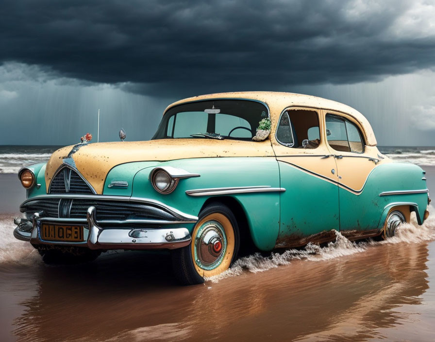 Vintage Yellow and Blue Classic Car on Beach with Stormy Skies