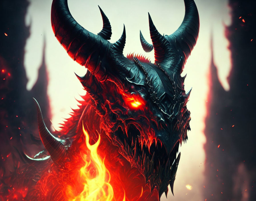 Menacing demon with glowing red eyes and flames on hellish backdrop