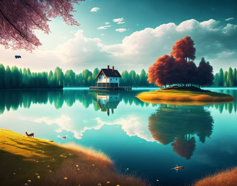 Tranquil lake scene: lone house on island, colorful trees, clear reflections, blue sky