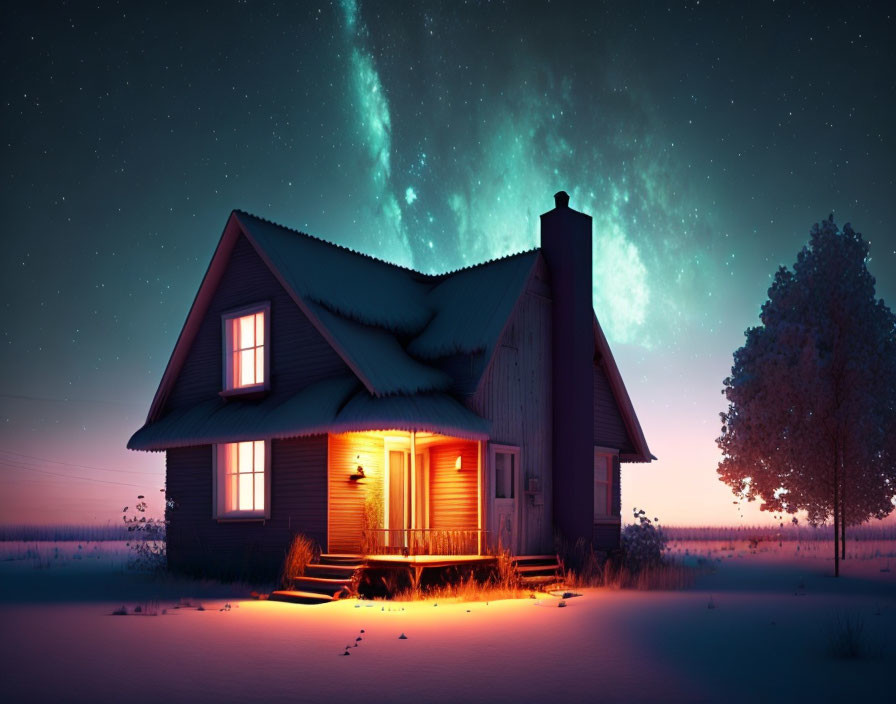 Snow-covered cabin at night with warm light and aurora-filled sky