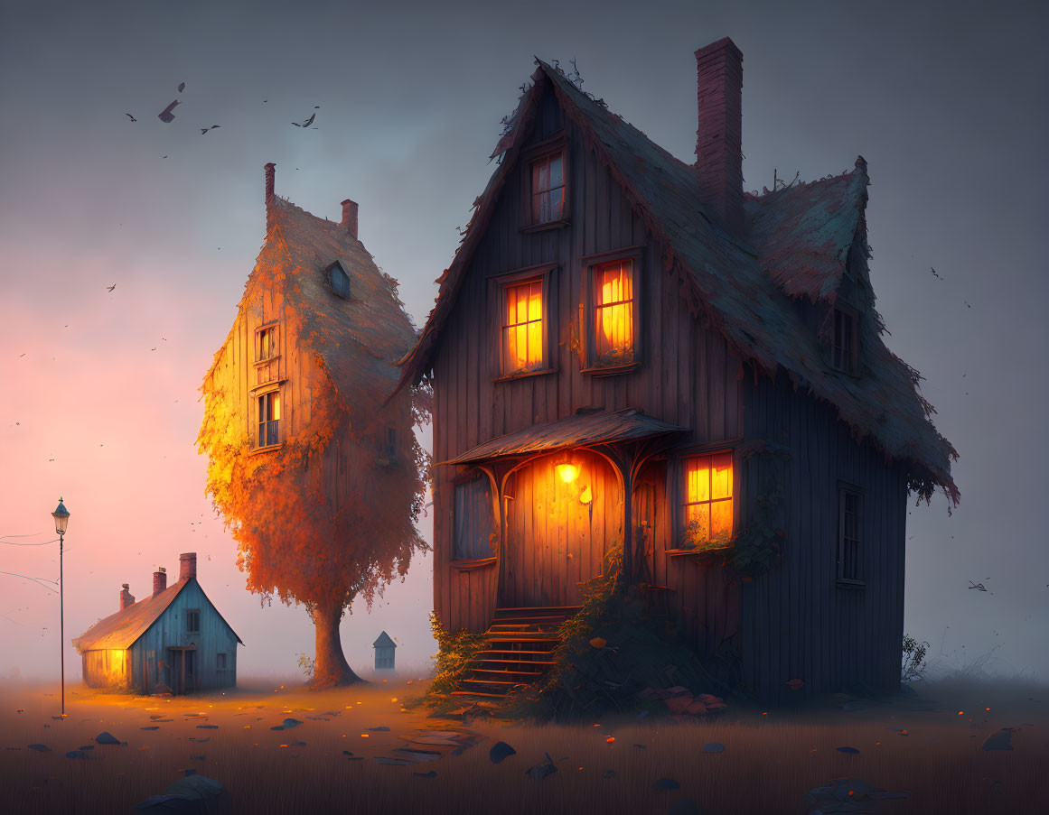 Quaint old houses at dusk with autumn leaves in serene setting