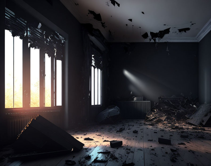 Sunlit abandoned room with shadows and debris.