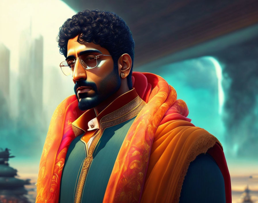 Digital artwork of man in traditional Indian outfit against futuristic backdrop