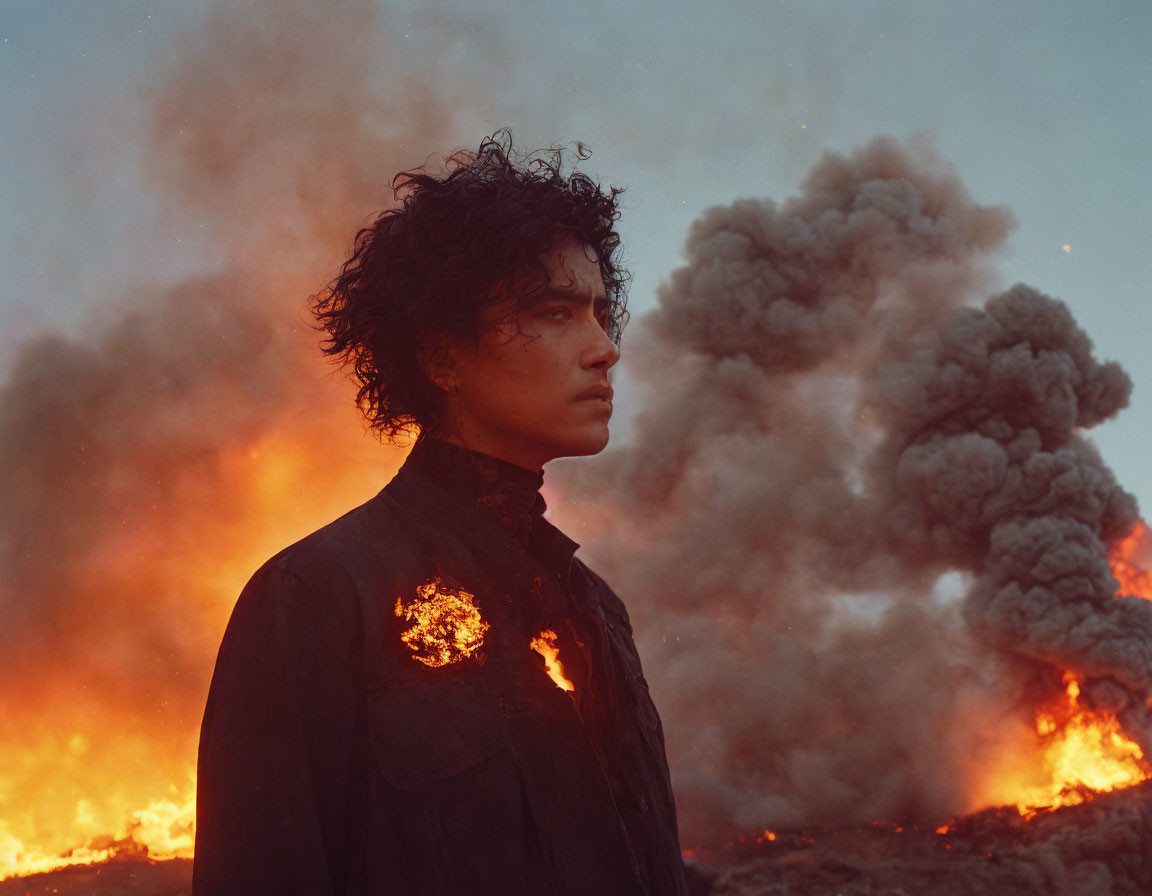 Curly-Haired Person in Dark Jacket Against Fiery Background