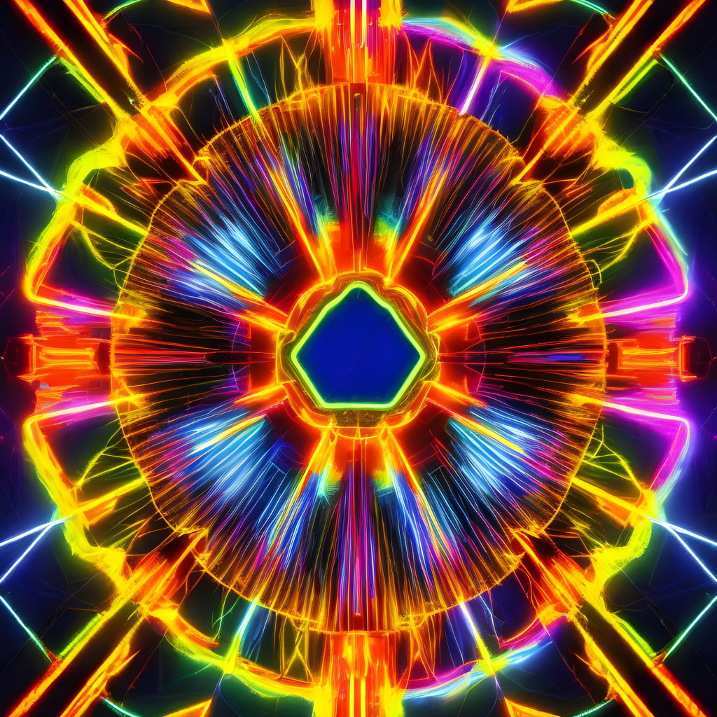 Colorful neon mandala with symmetrical patterns on black background