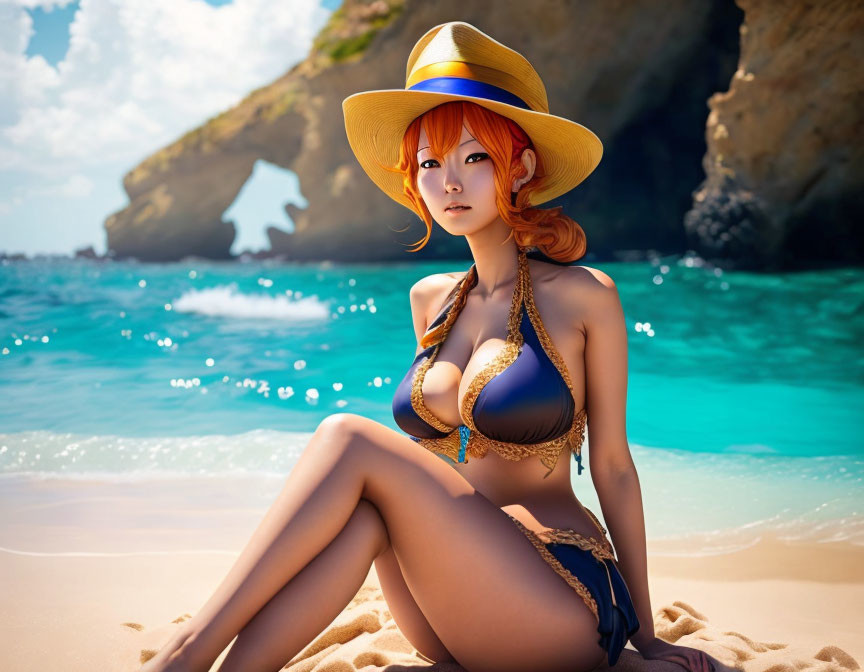 Woman in blue bikini and straw hat on beach with ocean and cliffs.