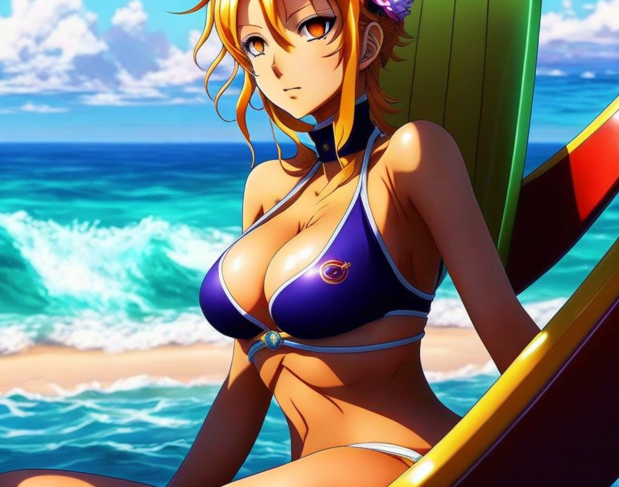 Blond-Haired Animated Character on Colorful Surfboard at Beach