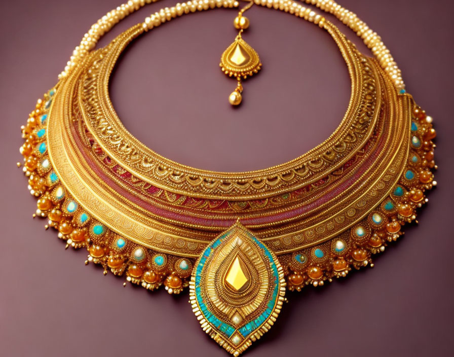 Gold Necklace with Intricate Pendant, Pearls, Turquoise Stones