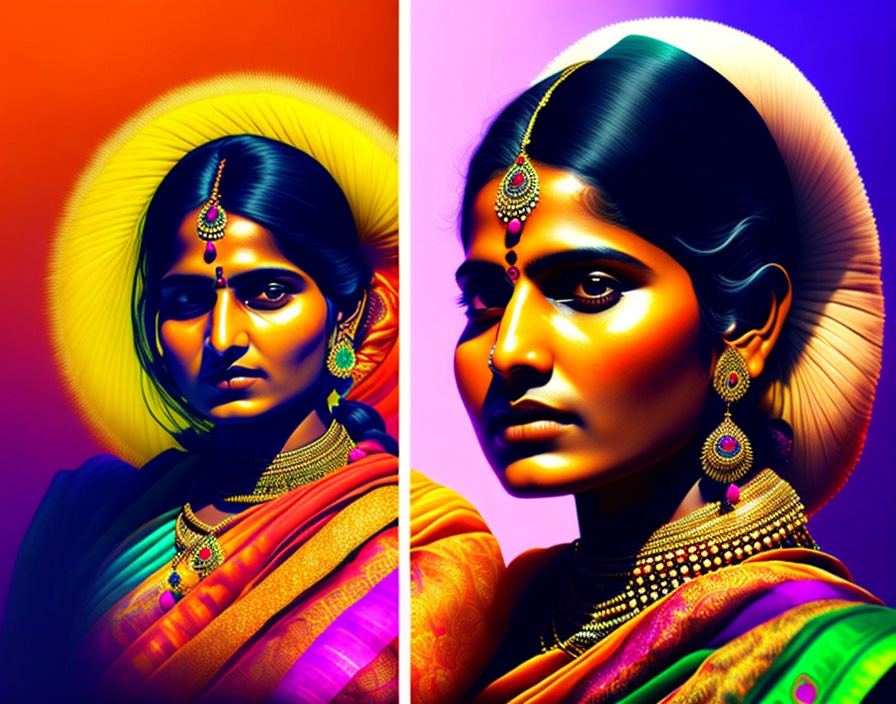 Colorful Digital Art: Traditional Indian Women Portraits on Gradient Backgrounds