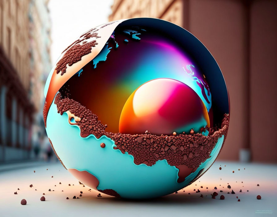 Vibrant digital artwork of melting Earth-like sphere on city street