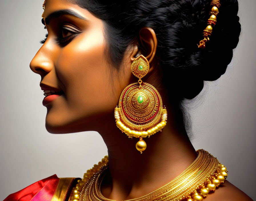 Traditional Indian Jewelry: Woman with Elaborate Earrings, Nose Ring, and Gold-Adorn