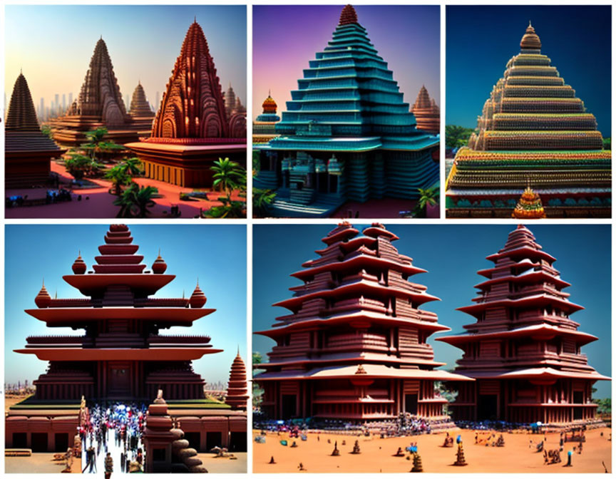 Six Images of Tiered Temple Structures with Intricate Designs under Blue Skies