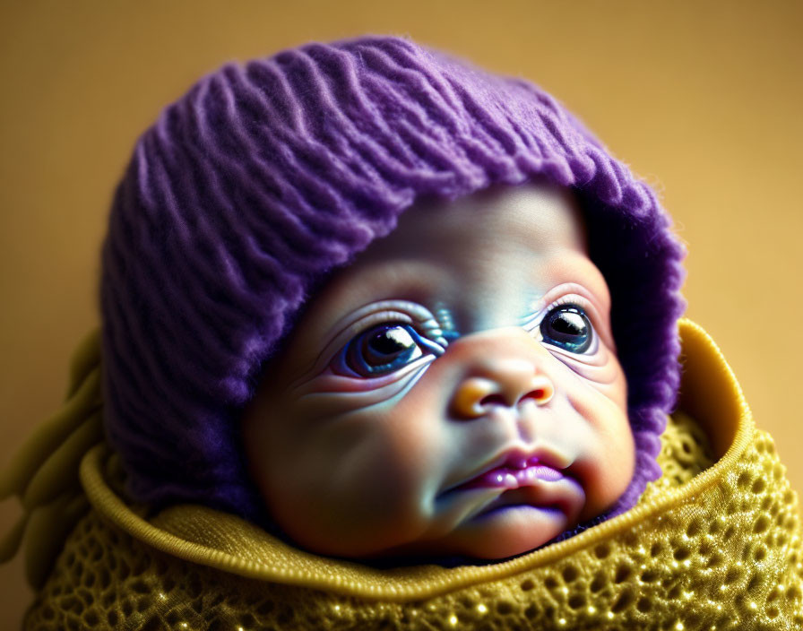 Infant in yellow blanket with purple hat and captivating eyes gazes upward