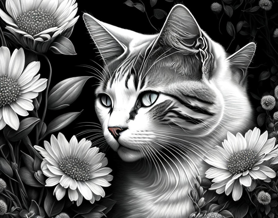 Monochrome Cat with Daisies: Detailed textures and contrasts