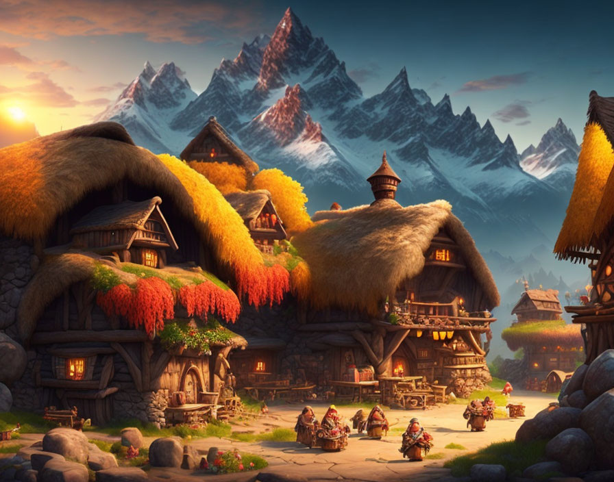 Thatched-Roof Fantasy Village with Mountain Backdrop and Characters Gathered Outdoors