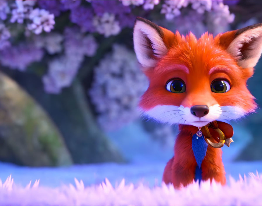 Colorful animated fox with orange fur and green eyes in purple flower field