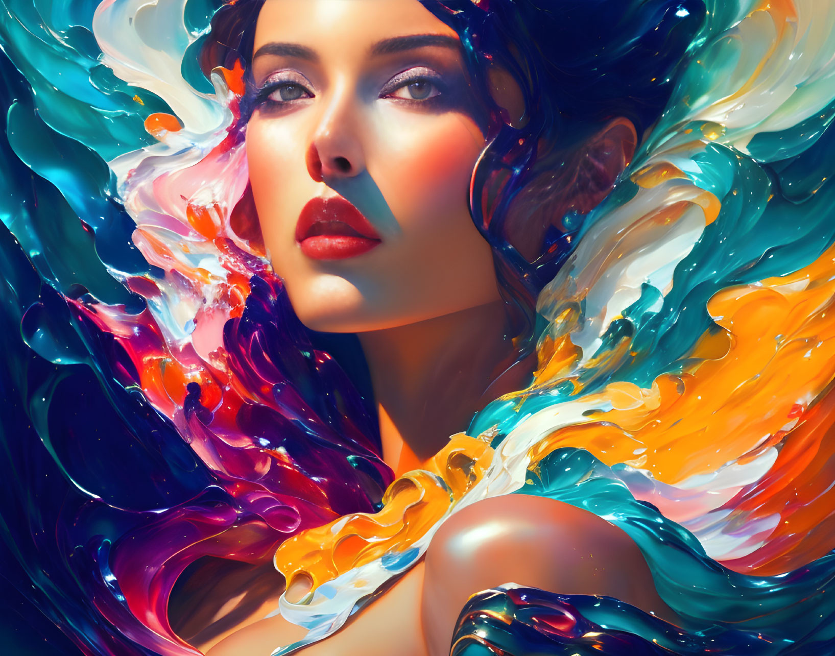 Colorful digital artwork: Woman in dynamic swirl of brushstrokes