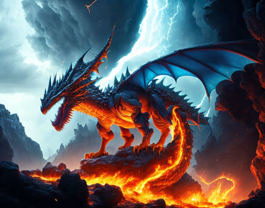 Majestic dragon in fiery landscape with lightning sky