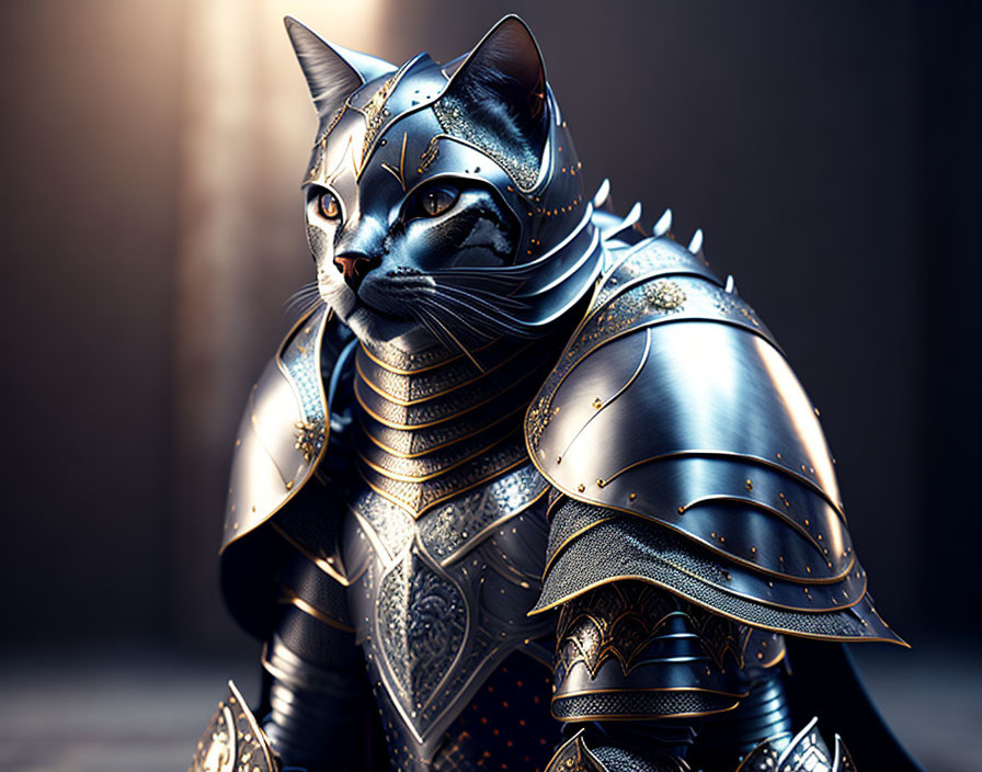 Digital artwork: Cat in medieval armor against dusky backdrop