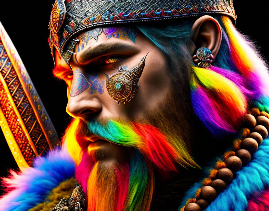 Colorful portrait of person with face paint, headpiece, rainbow hair, and metallic eye ornament.