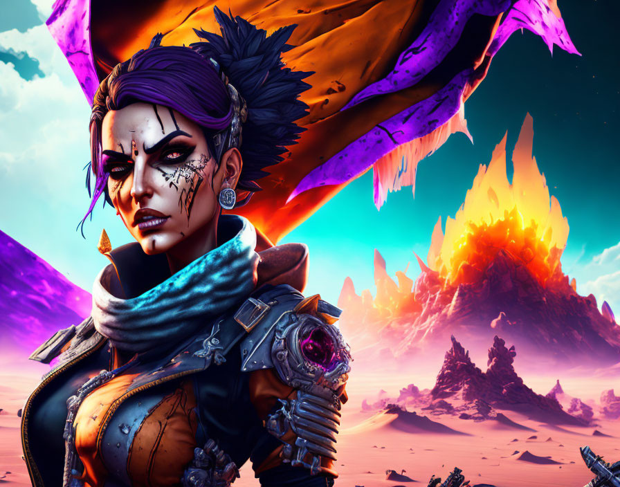 Purple-haired female character with face paint in front of erupting volcanoes and purple sky