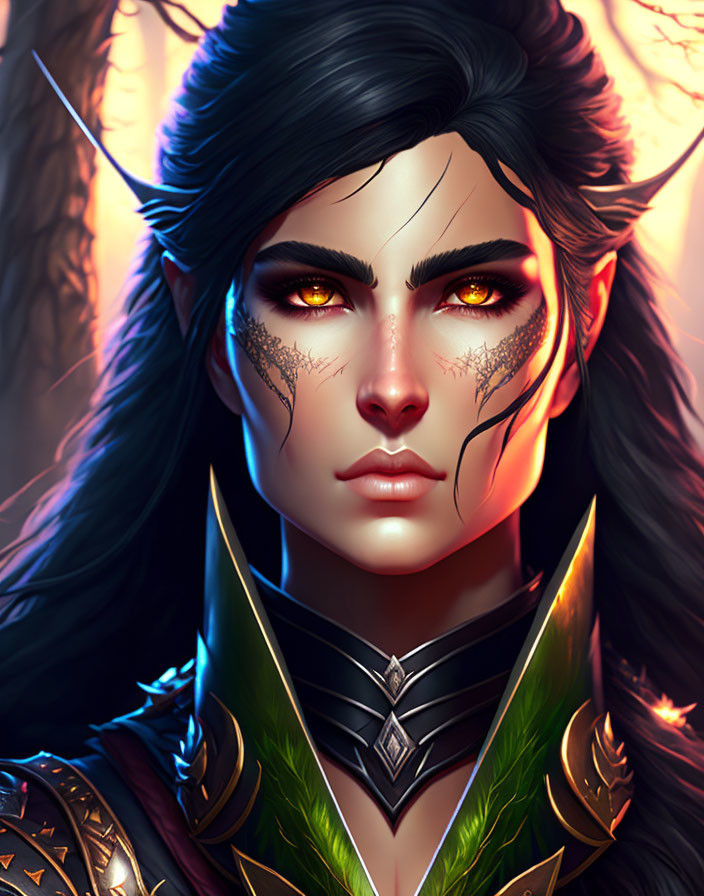 Fantasy female character with black hair, elf ears, golden eye accents, ornate armor, fiery