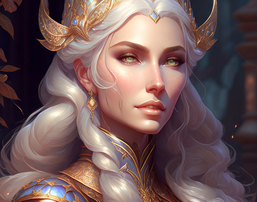 Fantasy elf queen with white hair, golden crown, and green eyes