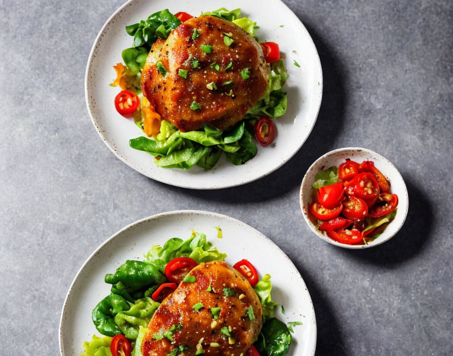 Grilled Chicken Breasts on Green Salad with Cherry Tomatoes and Chili