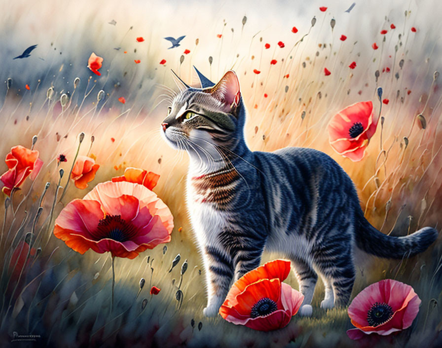 Tabby Cat in Red Poppy Field with Butterflies and Birds