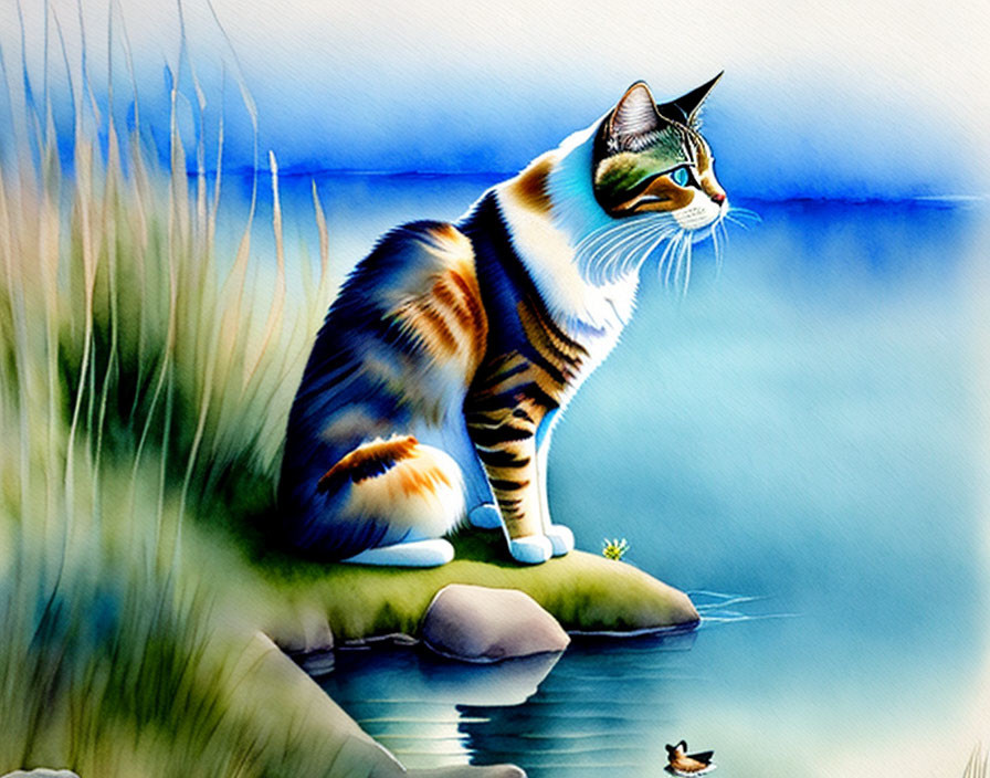 Vibrant cat illustration by blue water with bird gaze