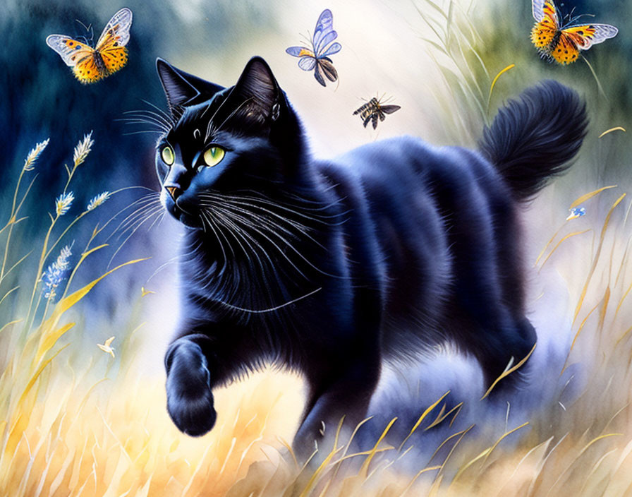 Black Cat with Green Eyes in Field with Butterflies and Bee