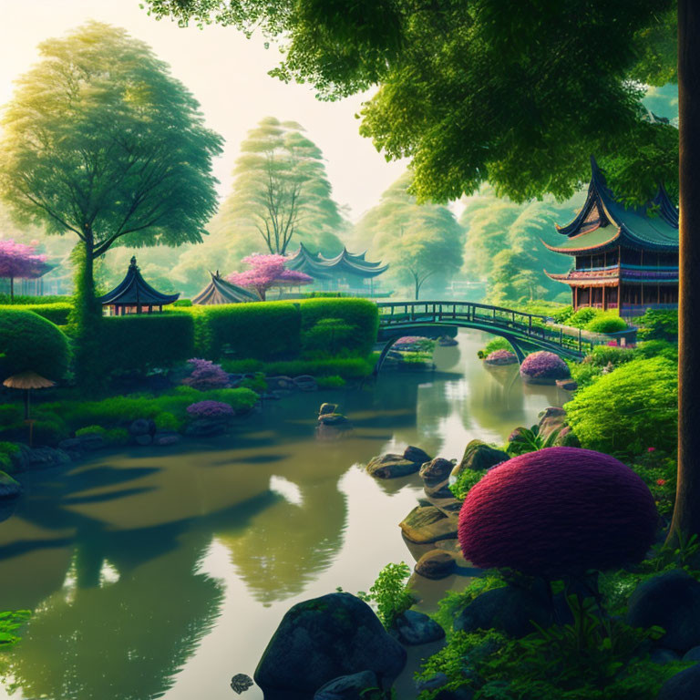 Serene Oriental garden with lush greenery, pond, arched bridge, and Asian pavilion in