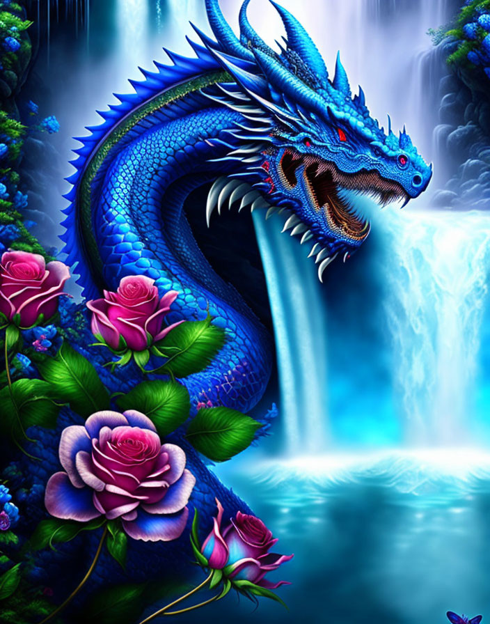 Mystical waterfall scene with blue dragon, purple roses, and butterflies