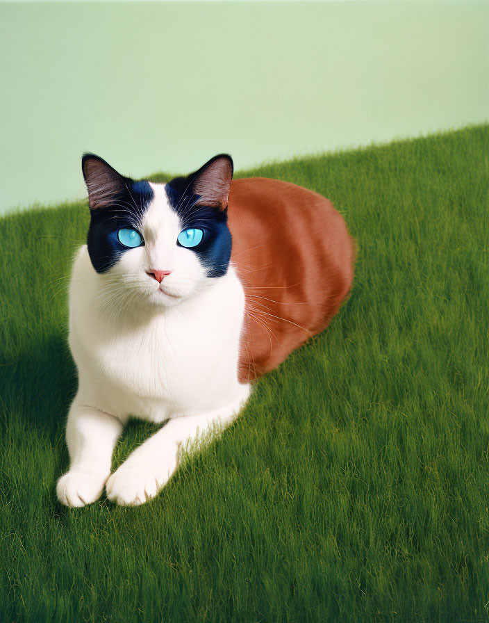 Black and White Cat with Blue Eyes and Altered Brown Body on Green Background