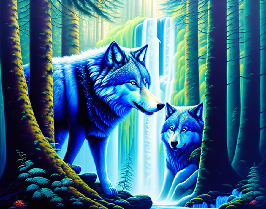 Stylized wolves in vibrant mystical forest with waterfall