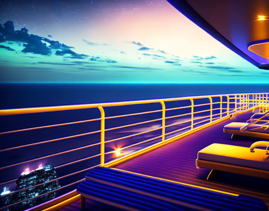 Twilight cruise ship deck with loungers, glowing lights, starry sky, and ocean view