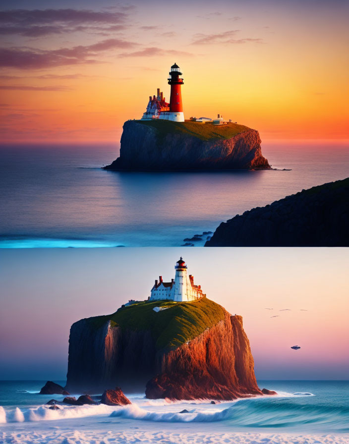 Lighthouse on rocky island: tranquil dusk and dramatic seas