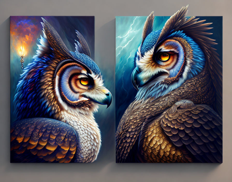 Vivid blue and orange owls in stylized paintings against fiery and lightning backdrops