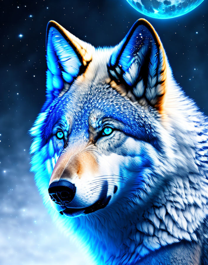 Blue-eyed wolf digital art under starry night sky with full moon and mystical blue glow