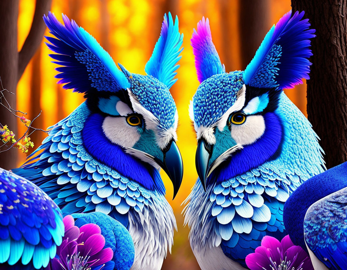 Vibrantly colored fantasy birds with blue feathers and elaborate crests on autumnal background