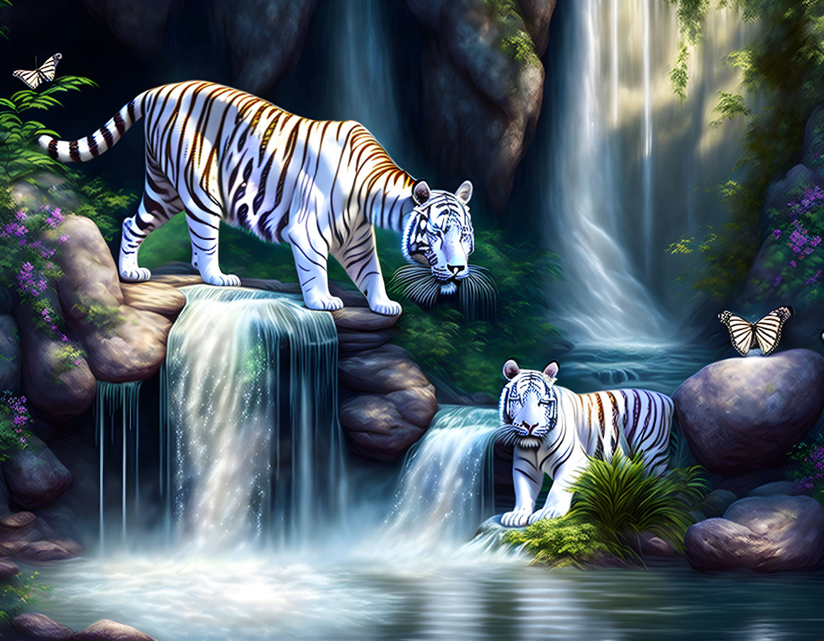 White Tigers Near Waterfall with Butterflies and Greenery