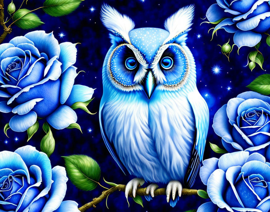 Blue owl perched on branch among blue roses in starry night.