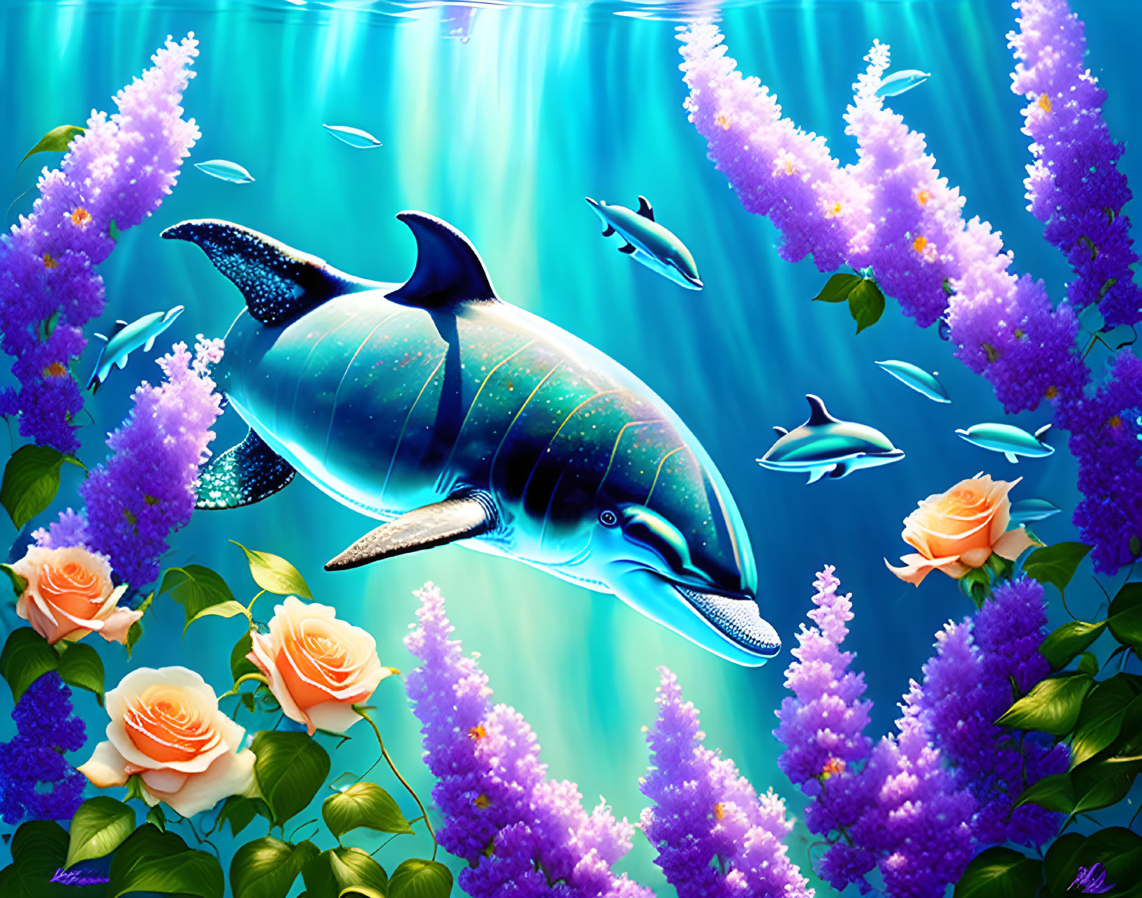 Colorful digital artwork: Dolphin in vibrant underwater scene