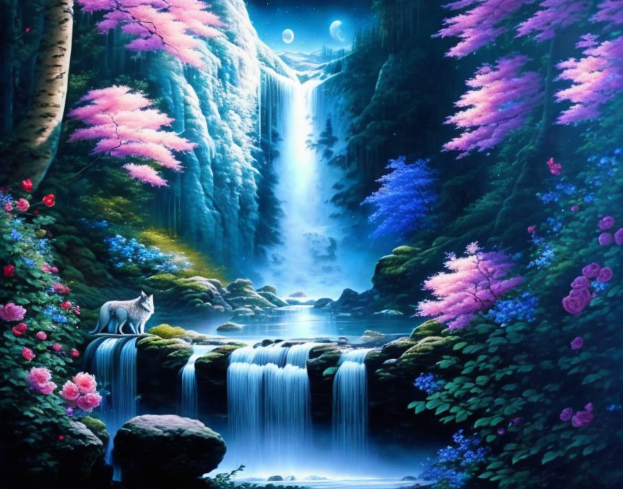 Wolf in mystical forest with pink foliage and waterfalls at night